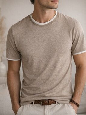 Denim & Flower Taupe Short Sleeve Crewneck with White Trim Mens Medium